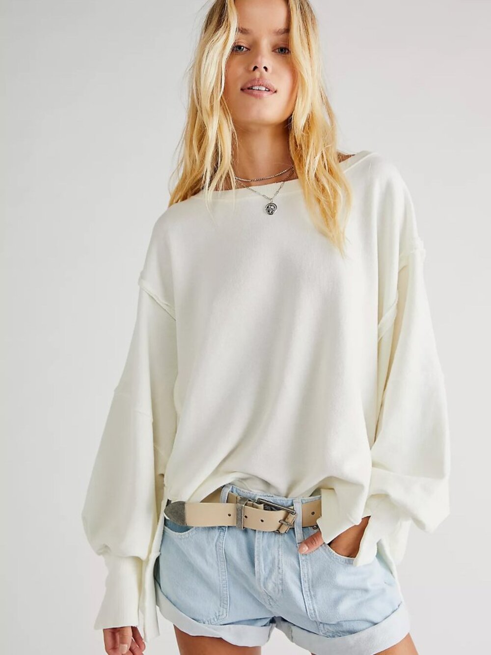 ☀️ We The Free Free People White Camden Oversized Slouchy Sweatshirt M NWT